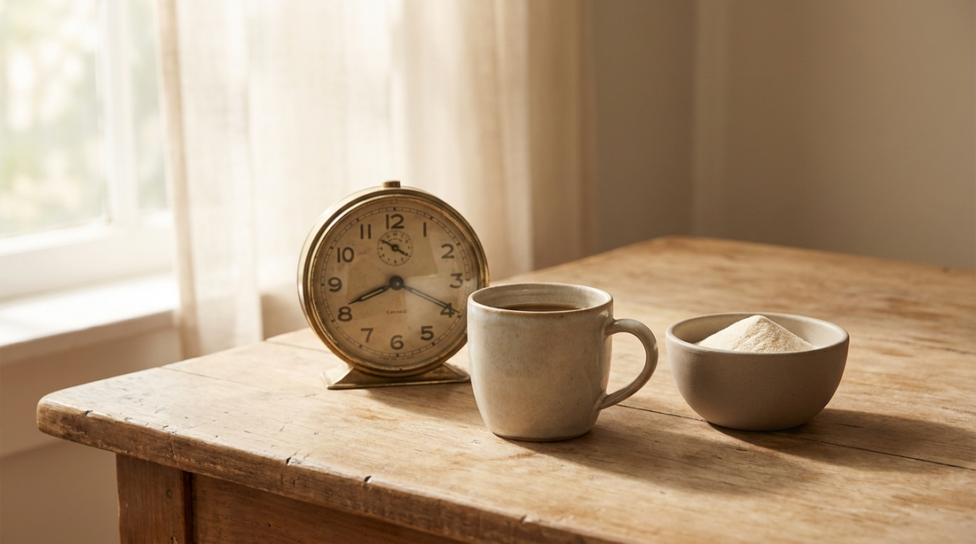 A qué hora tomar colágeno hidrolizado: reloj junto a café y polvo