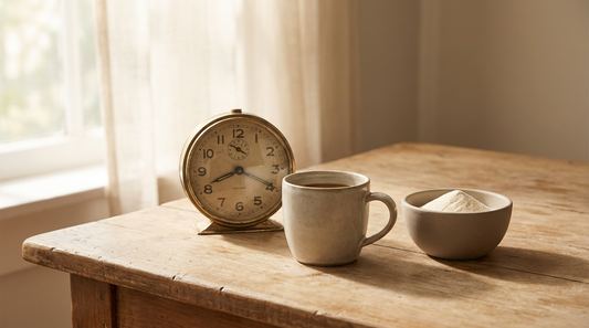 A qué hora tomar colágeno hidrolizado: reloj junto a café y polvo