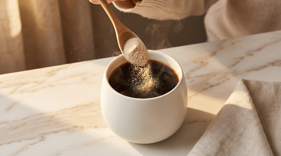 Se puede tomar colágeno con café: polvo siendo añadido a una taza