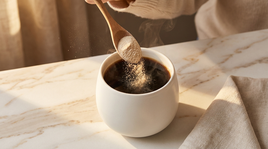Se puede tomar colágeno con café: polvo siendo añadido a una taza