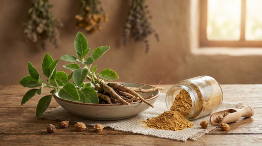 Ashwagandha para qué sirve: planta con raíz y polvo natural