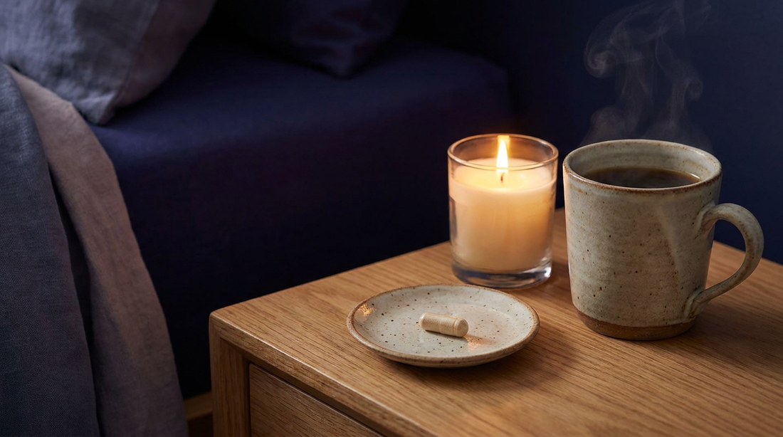 Cómo tomar ashwagandha para dormir: cápsula con vela y té nocturno