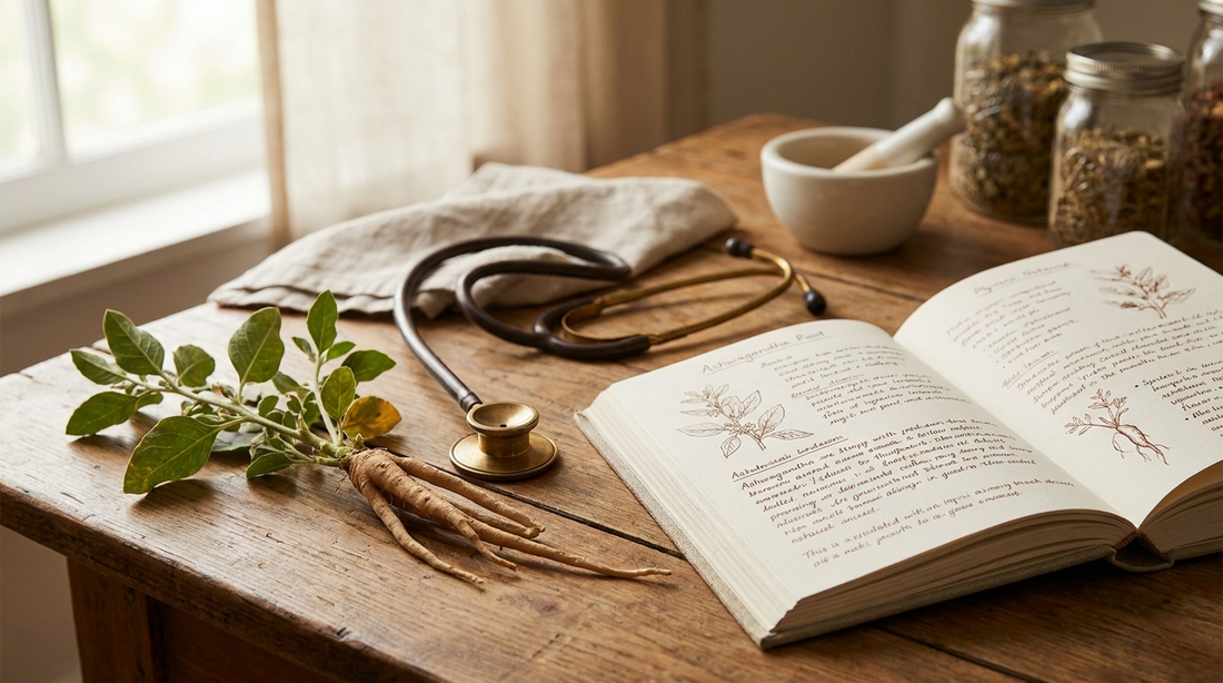 Ashwagandha contraindicaciones: raíz con estetoscopio y libreta