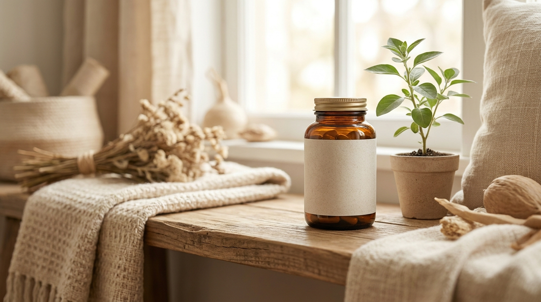 Dónde comprar ashwagandha en Colombia: frasco con planta natural