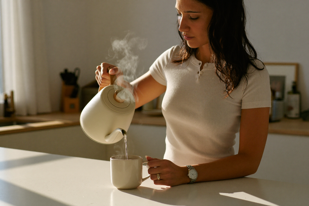 Mujer sirviendo agua caliente en su taza en una cocina moderna