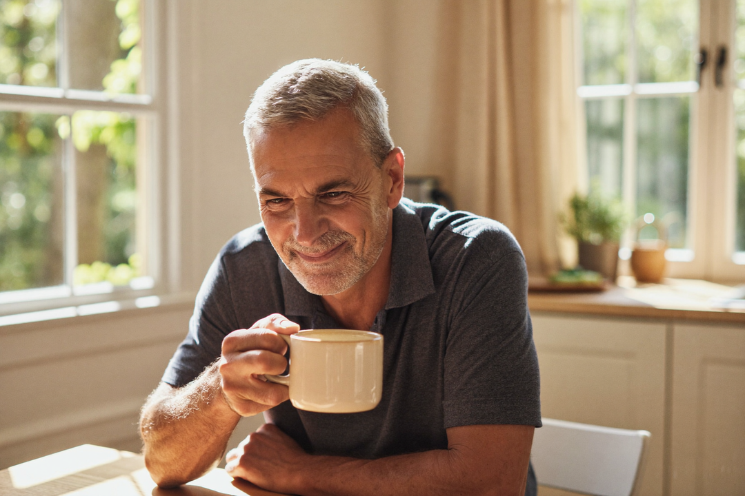 Adulto mayor activo sosteniendo su taza de café en una cocina soleada